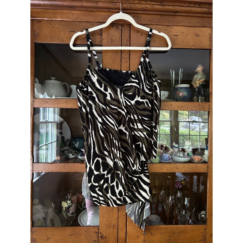 Magicsuit By Miraclesuit Sz 16 Alex Side Tie Tankini Swim Top Brown White Black